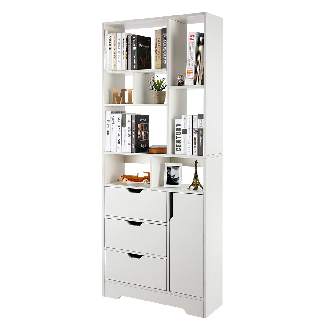 Farmdex 71" Tall Bookcase with Drawer and Door, White Wooden Bookshelf with 8 Cube Storage Cabinets, Library Bookcase with 5 Tier Shelf/Irregular Display Shelves