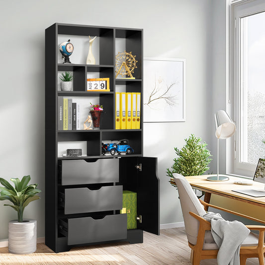 Farmdex 71" Tall Bookcase with Drawer and Door, Black Wooden Bookshelf with 8 Cube Storage Cabinets, Library Bookcase with 5 Tier Shelf/Irregular Display Shelves