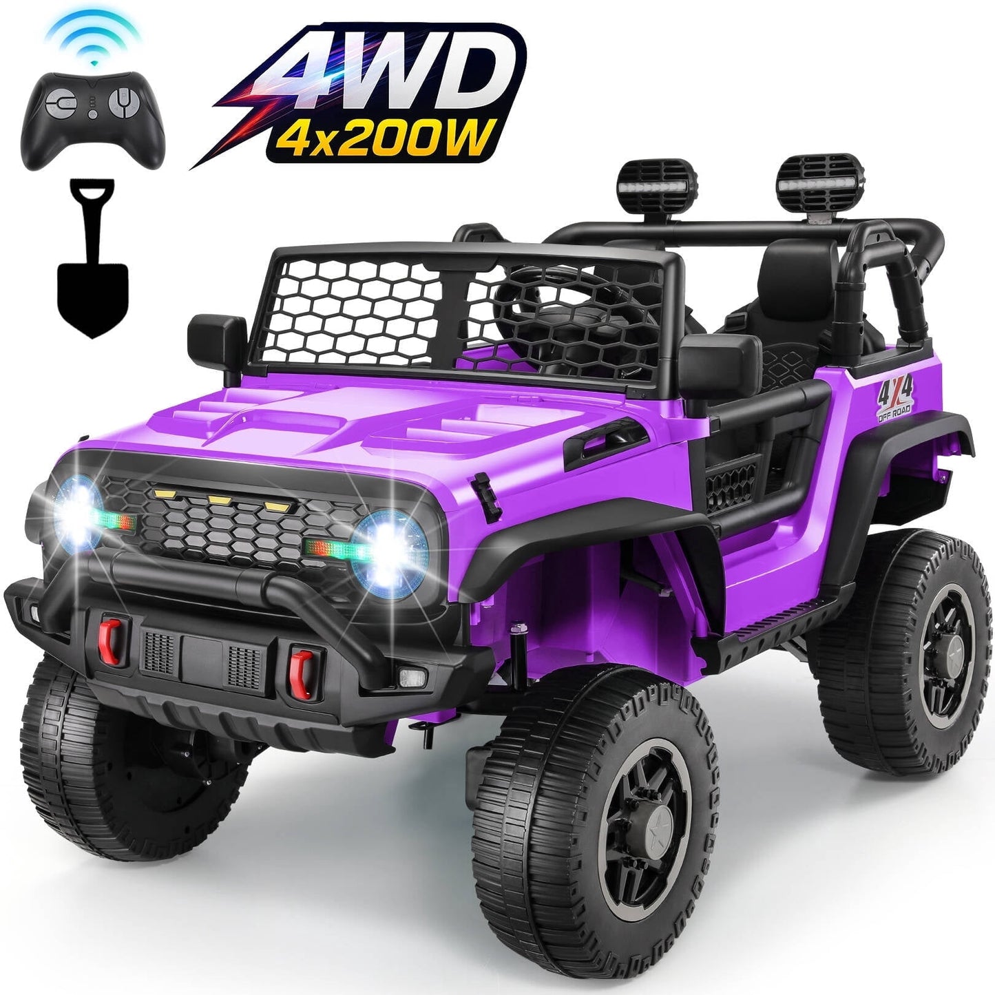 Farmdex 24V 2 Seater Ride on Car, 2WD/4WD Switchable Car Truck with Remote Control, Powered 4 x 200W Motors Ride on Toys for Kids, Colorful LED Head Lights, Bluetooth, MP3, Purple
