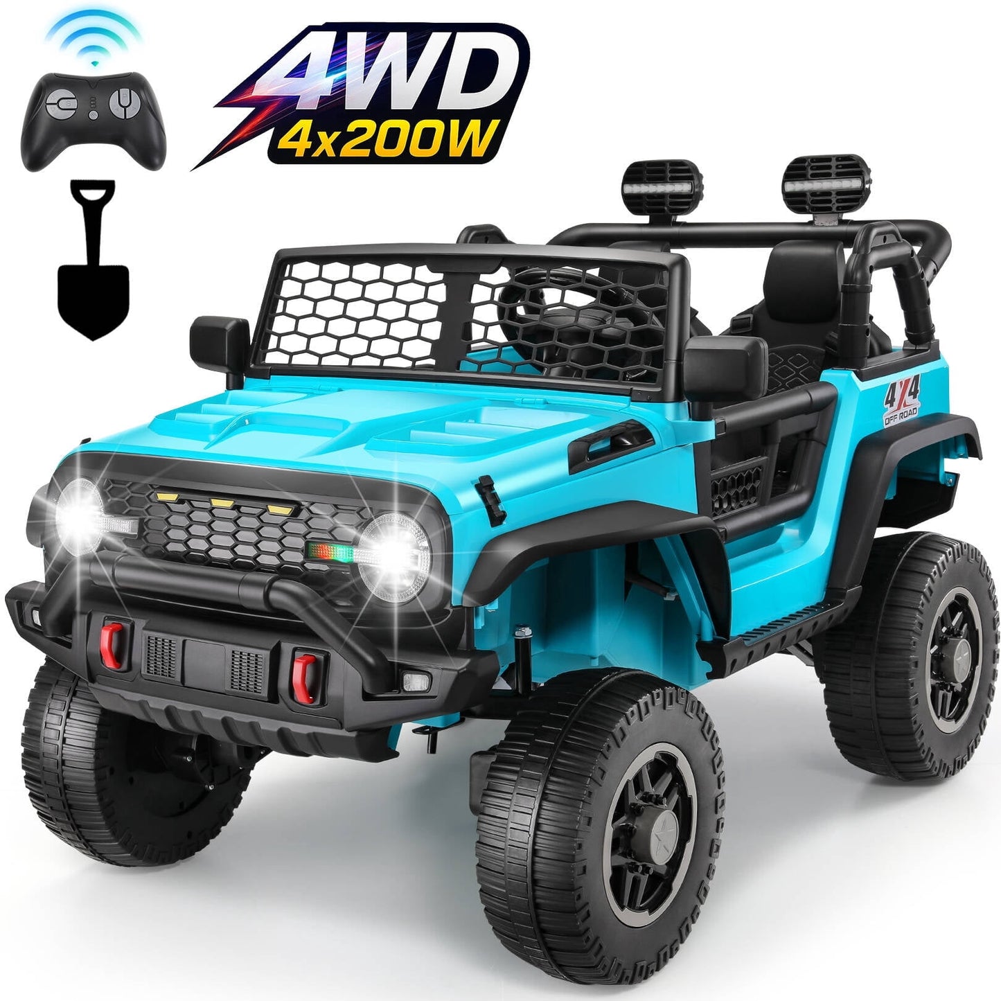 Farmdex 24V 2 Seater Ride on Car, 2WD/4WD Switchable Car Truck with Remote Control, Powered 4 x 200W Motors Ride on Toys for Kids, Colorful LED Head Lights, Bluetooth, MP3, Blue
