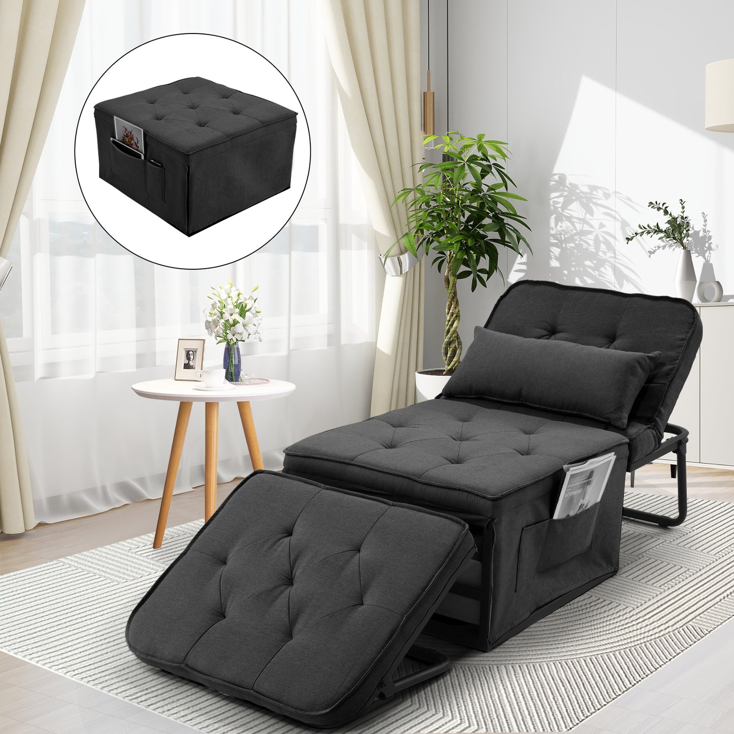 Farmdex 4-in-1 Convertible Sofa Bed, Ottoman Sofa Chair Bed with 6 Adjustable Backrest for Small Space, Sleeper Chair for Living Room, Bedroom, Office, Apartment, No Assembly, Dark Gray