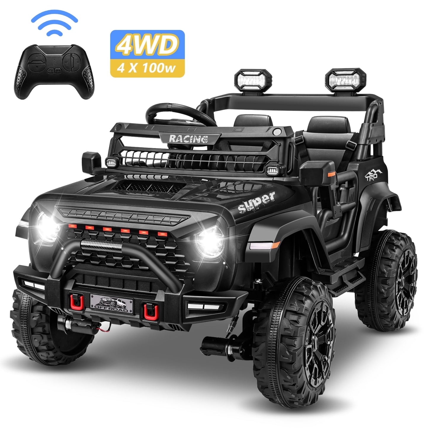 Farmdex 4WD 24V Ride on Toys with Remote Control, 2 XL Seaters, 9AH Electric Battery Powered Toys Car w/ 4 Wheels Spring Suspension, Bluetooth Music, LED Lights, 3 Speeds, Black