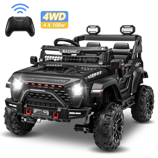 Farmdex 4WD 24V Ride on Toys with Remote Control, 2 XL Seaters, 9AH Electric Battery Powered Toys Car w/ 4 Wheels Spring Suspension, Bluetooth Music, LED Lights, 3 Speeds, Black