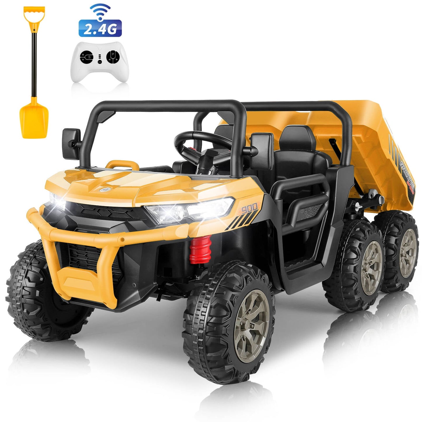 Farmdex 24 Volt Ride on Toys, 6 Wheels 2 Seater Electric Ride on UTV Cars for Big Kids, Ride on Dump Truck w/ Trailer & Shovel, 4×4 Motors, Battery Display, Bluetooth, USB, Remote Control, Yellow