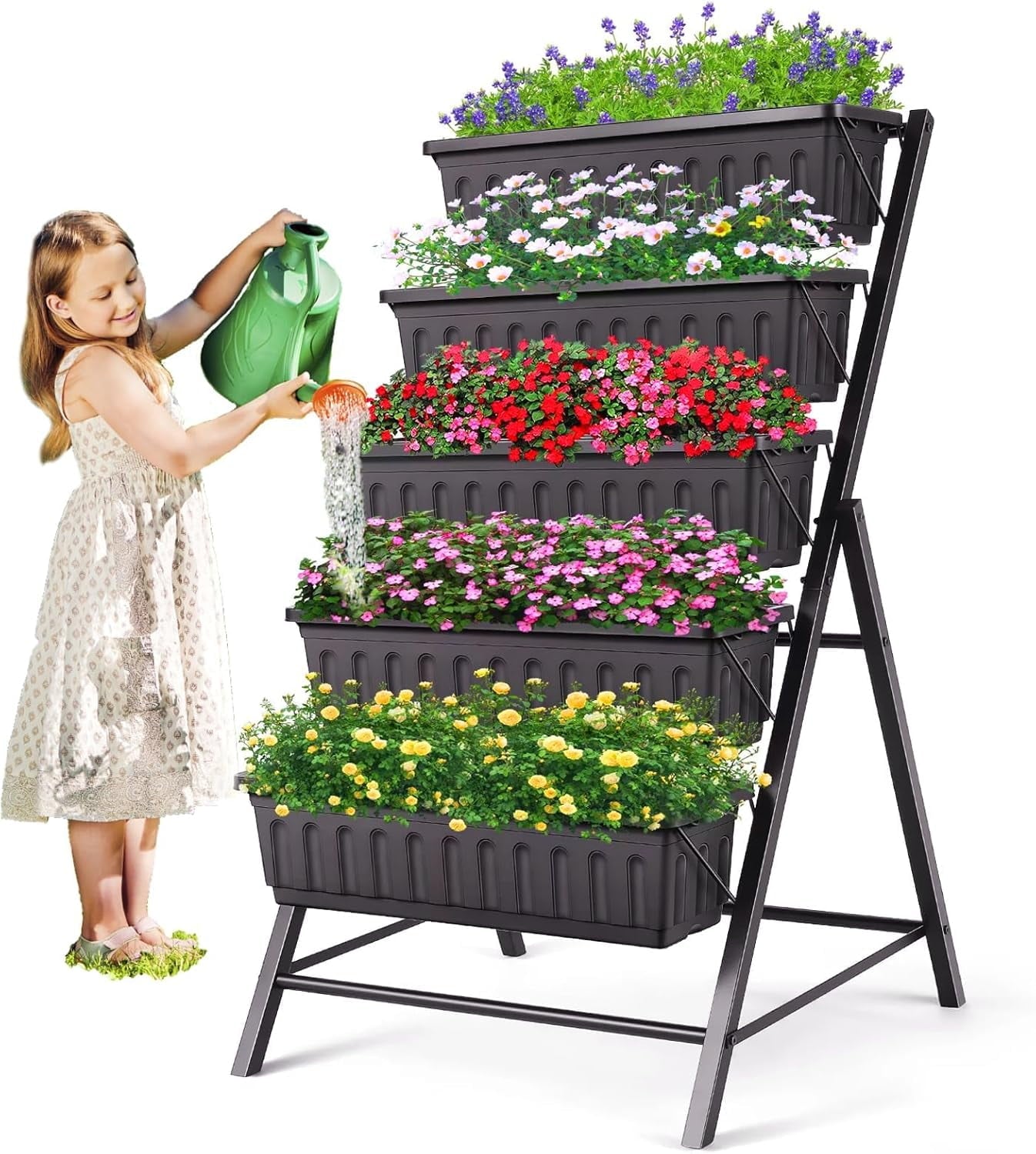 Farmdex 3.74FT Vertical Garden Bed, 5 Tiers Raised Planter with Hooks - Perfect for Vegetables, Flowers, and Herbs in Garden or Patio Black