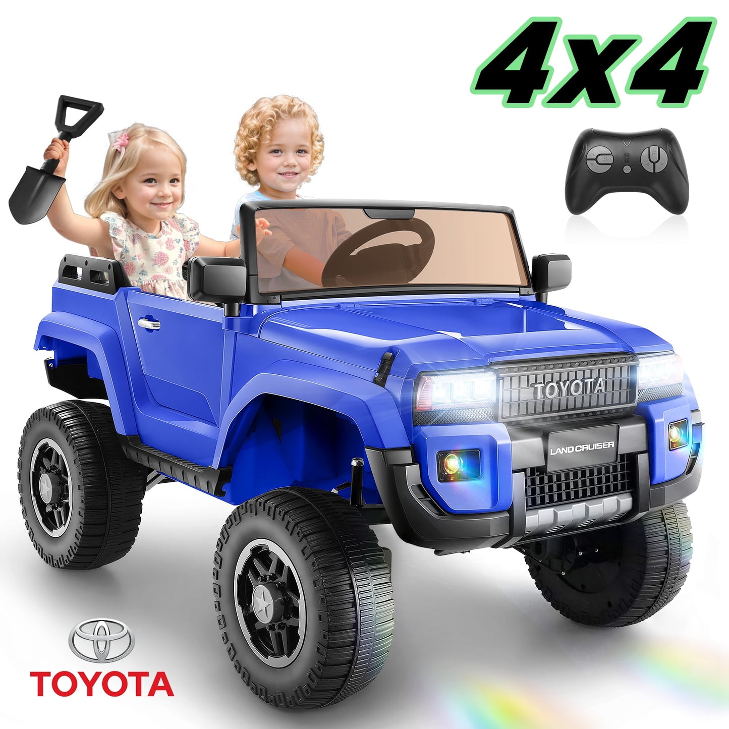 Farmdex Licensed Toyota 24 Volt Battery Powered Ride on Toys with 4WD/2WD Switchable, 2 Seater Electric Ride on Truck Cars w/ Remote Control, 4x100W Engine, Suspension, LED Lights, Bluetooth, Blue