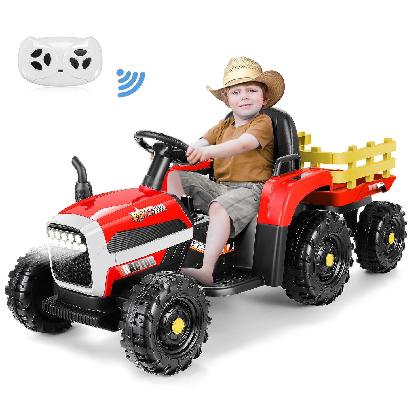 Farmdex Ride on Tractor 12 Volt Ride on Toys, 7AH Battery Powered Electric Car for Kids with Remote Control, 11-LED Headlight, Bluetooth, Music, Red