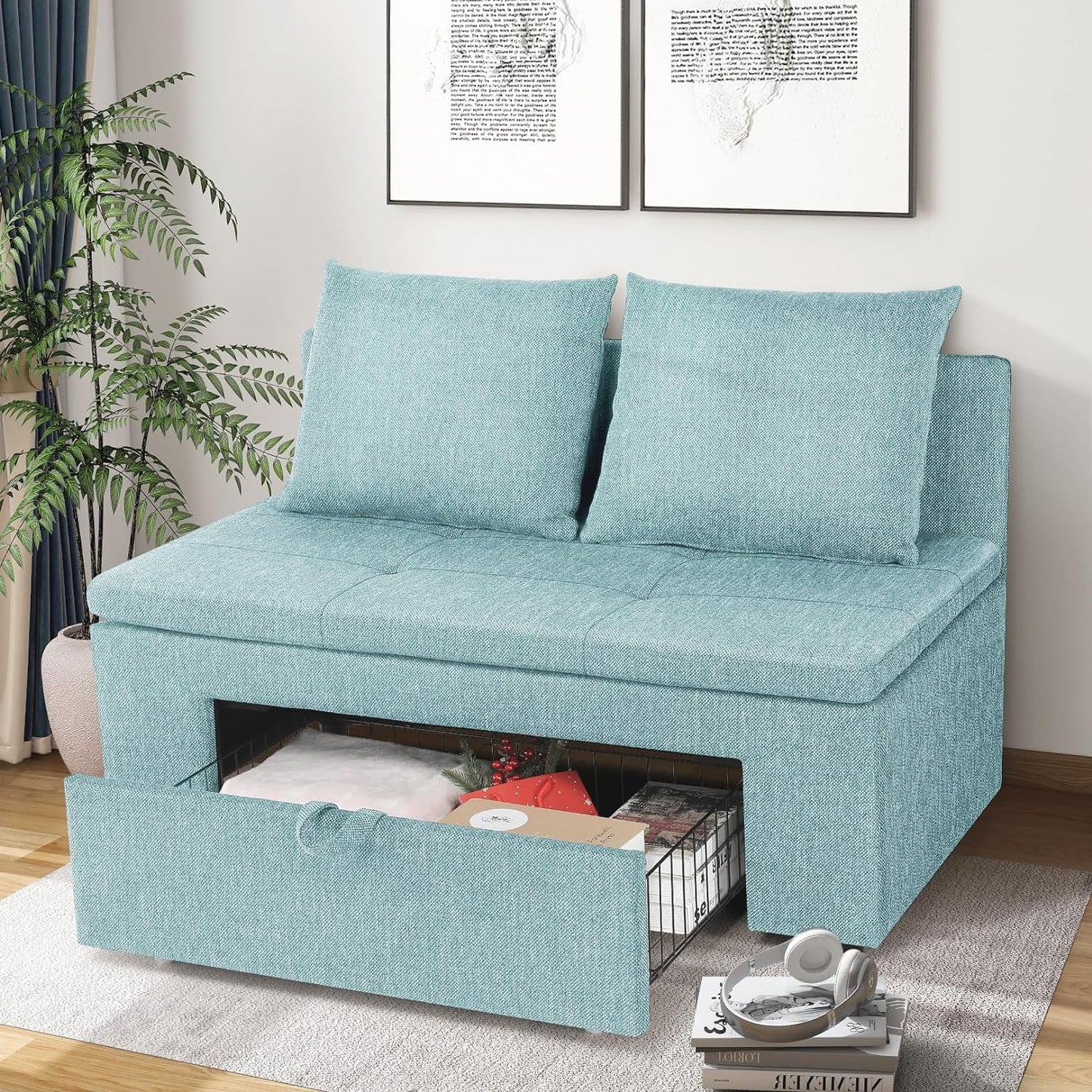 Farmdex Small Loveseat Sofa with Drawer Storage, Linen Fabric 2-Seater Couch for Living Room and Bedroom, 47.2" Compact Couch for Small Spaces, Solid Wood Frame Light Blue