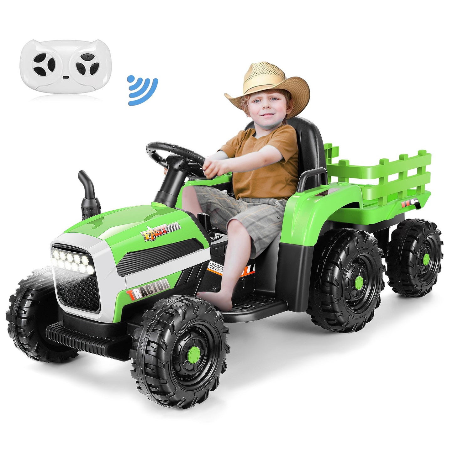 Farmdex Ride on Tractor 12 Volt Ride on Toys, 7AH Battery Powered Electric Car for Kids with Remote Control, 11-LED Headlight, Bluetooth, Music, Green