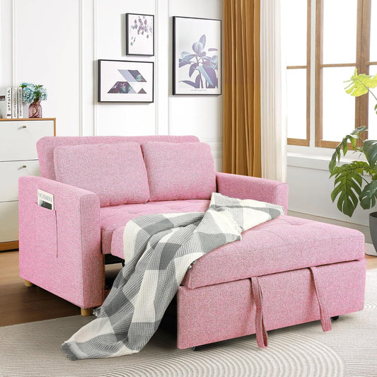 Farmdex 3-in-1 Convertible Sleeper Sofa Bed, Linen Fabric Pull Out Couch Bed, Loveseat with Spring Support, Adjustable Backrest Perfect for Dorms, Apartments, and Home Offices Pink