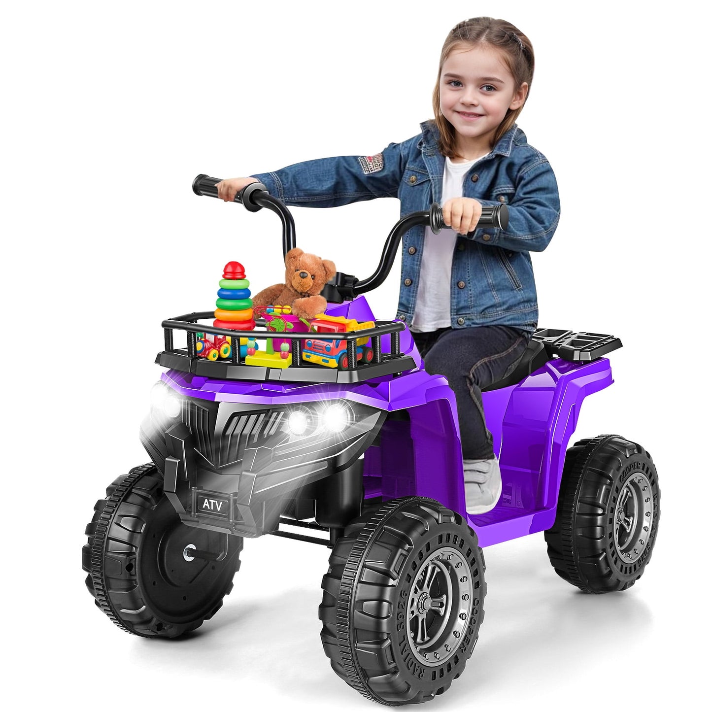 Farmdex 12v ATV Quad with Big Storage Basket, Ride on Toys for Toddlers w/ LED Lights, Electric Car for Kids w/ Horn, Spring Suspension, Buit-in Music, Purple