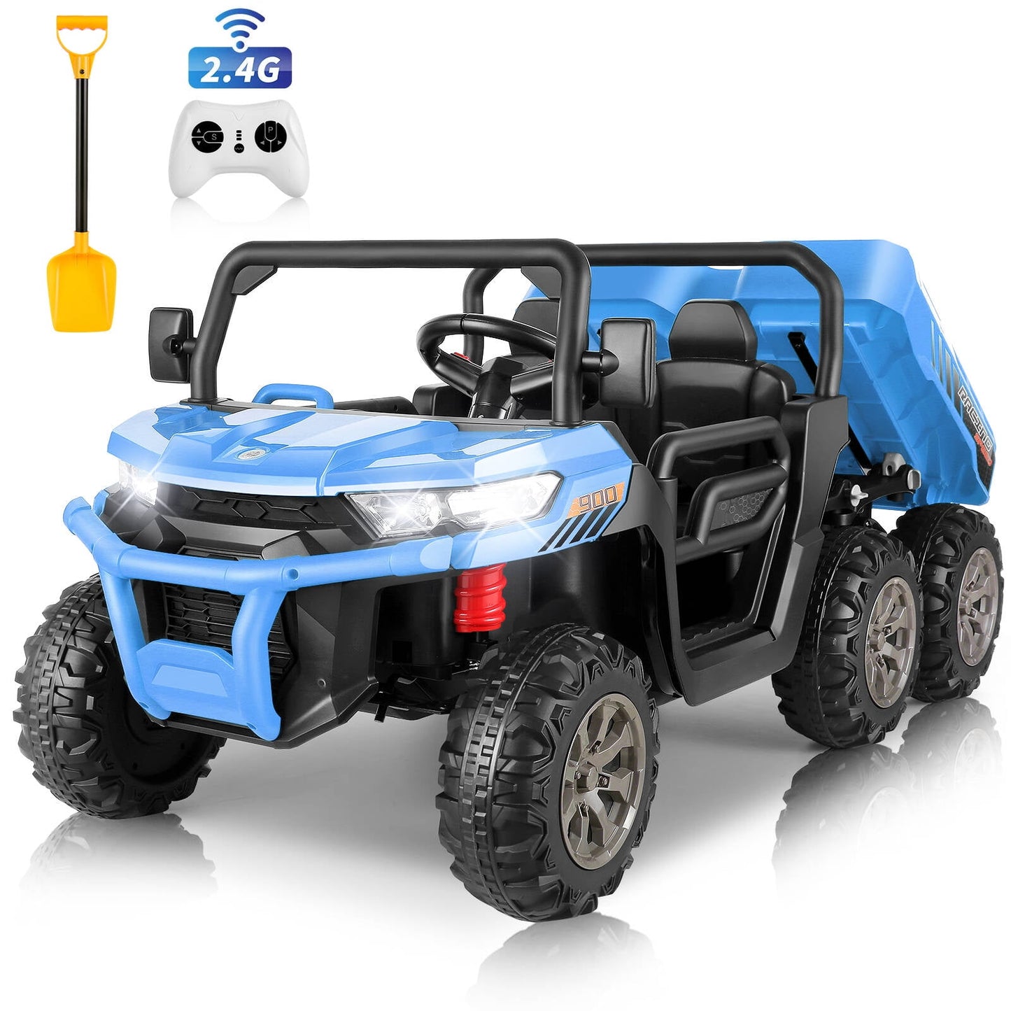 Farmdex 24 Volt Ride on Toys, 6 Wheels 2 Seater Electric Ride on UTV Cars for Big Kids, Ride on Dump Truck w/ Trailer & Shovel, 4×4 Motors, Battery Display, Bluetooth, USB, Remote Control, Blue