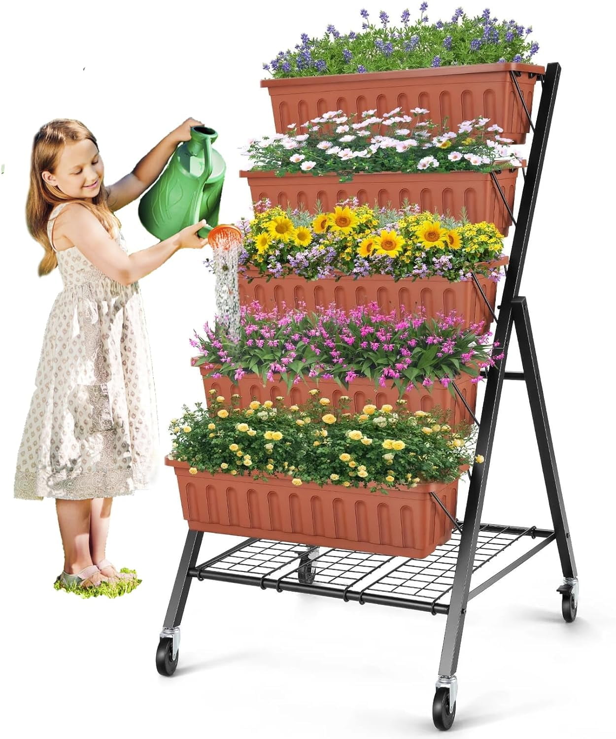 Farmdex 4FT Vertical Garden Bed with Storage Rack and Wheels, 5 Tiers Raised Garden Planter for Vegetables and Flowers Brown