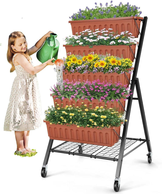 Farmdex 4FT Vertical Garden Bed with Storage Rack and Wheels, 5 Tiers Raised Garden Planter for Vegetables and Flowers Brown