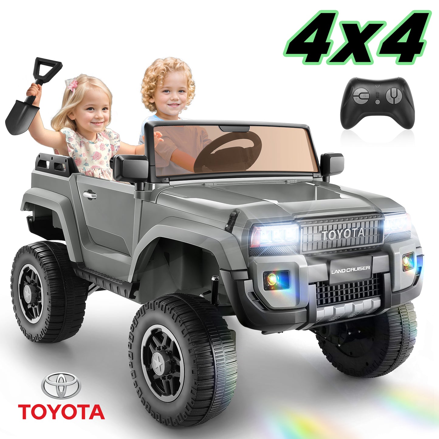 Farmdex Licensed Toyota 24 Volt Battery Powered Ride on Toys with 4WD/2WD Switchable, 2 Seater Electric Ride on Truck Cars w/ Remote Control, 4x100W Engine, Suspension, LED Lights, Bluetooth, Gray