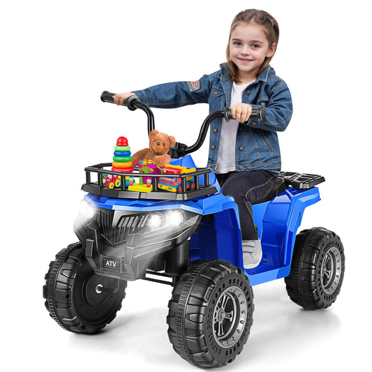 Farmdex 12v ATV Quad with Big Storage Basket, Ride on Toys for Toddlers w/ LED Lights, Electric Car for Kids w/ Horn, Spring Suspension, Buit-in Music, Blue