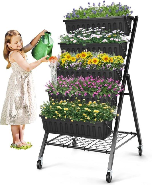 Farmdex 4FT Vertical Garden Bed with Storage Rack and Wheels, 5 Tiers Raised Garden Planter for Vegetables and Flowers Black