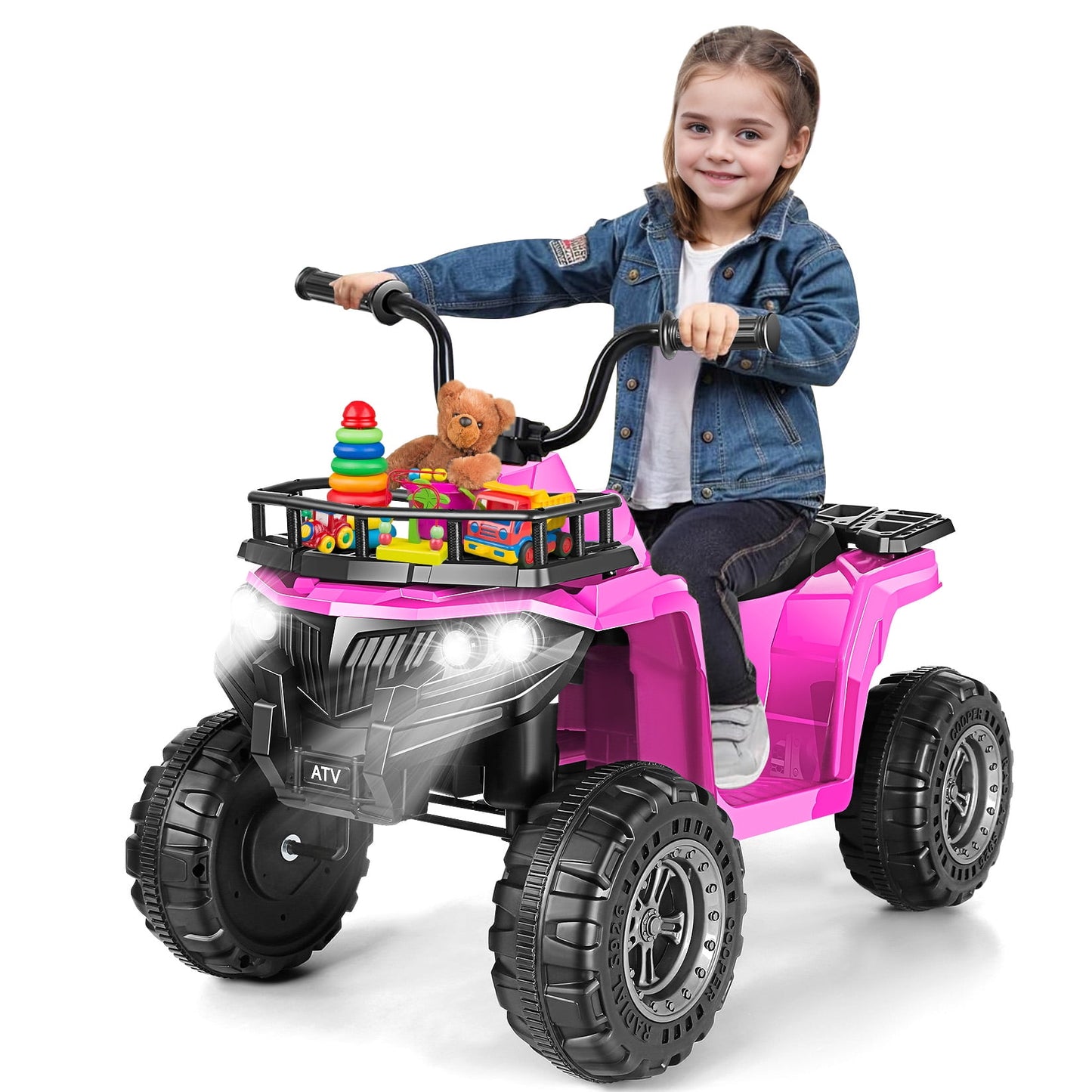 Farmdex 12v ATV Quad with Big Storage Basket, Ride on Toys for Toddlers w/ LED Lights, Electric Car for Kids w/ Horn, Spring Suspension, Buit-in Music, Pink