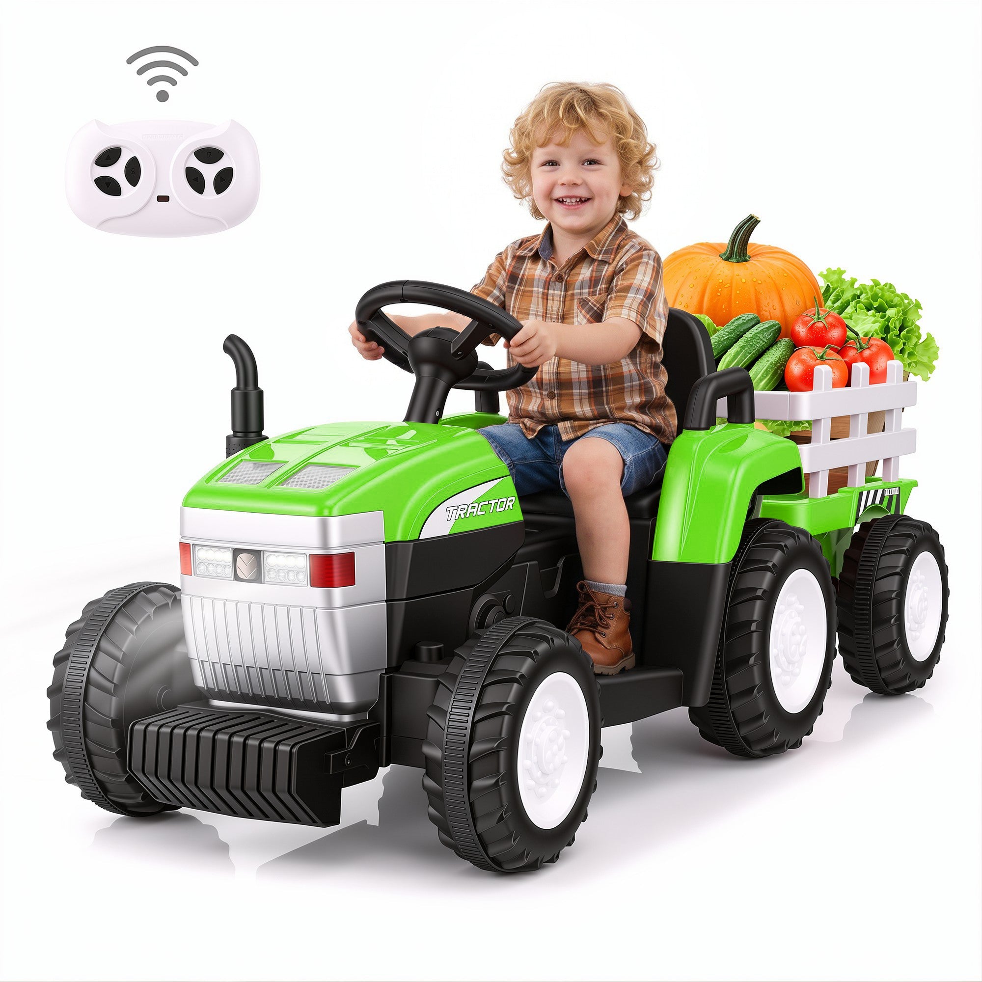 Farmdex 24V Ride on Tractor with Detachable Trailer,  Ride on Toys for Kids w/ Remote Control, Electric Cars for Kids, LED Lights, Bluetooth, Music, MP3, Green
