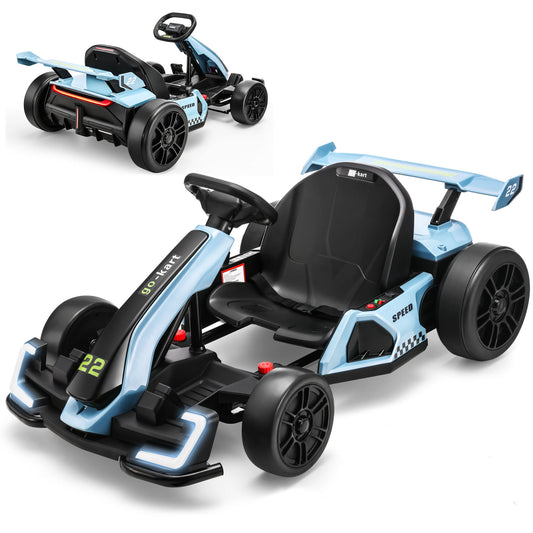 Farmdex 24V 7AH Go Kart for Kids, 300W Powered Ride on Toys for 6+, Racing Go Kart with Drift/Sport Mode for Outdoor, High-Low Speed 4-8MPH, Length Adjustale Ride on Car, EVA Wheels, Bluetooth, Blue