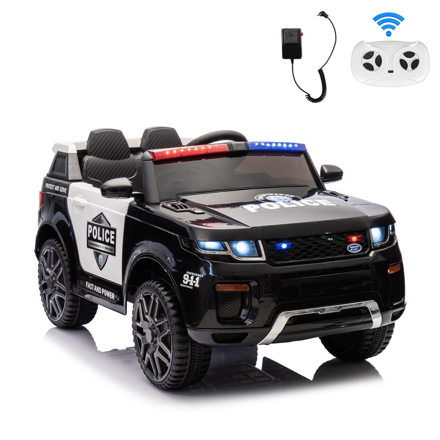 Farmdex 12v Ride on Police Car Powered 2 Wheel Drive, Electric Ride on Toy for Kids 3-8 Years with Remote Control, Megaphone, Siren, Flashing Lights, Bluetooth, Music, Spring Suspension, Black