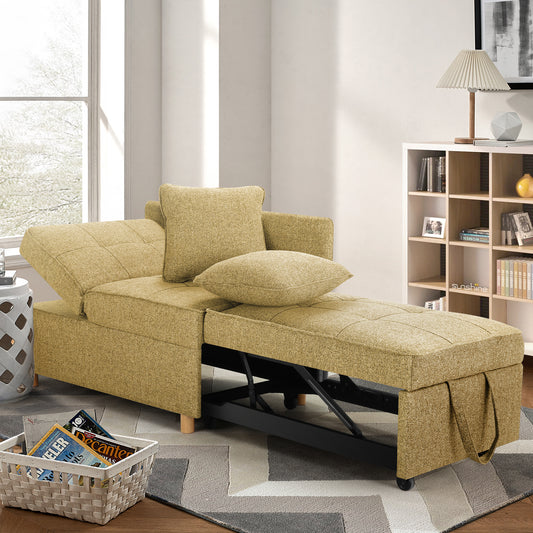 Farmdex Sofa Bed Chair, 4 in 1 Convertible Sleeper Sofa Chair with Pull Out Bed, Single Small Couch with 5 Adjustable Backrest for Home Living Room Guest Room Dorm - Linen Yellow/R